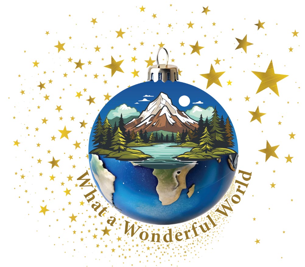 Christmas Ornament depicting earth and a mountain scene with text underneath that says "What a Wonderful World"